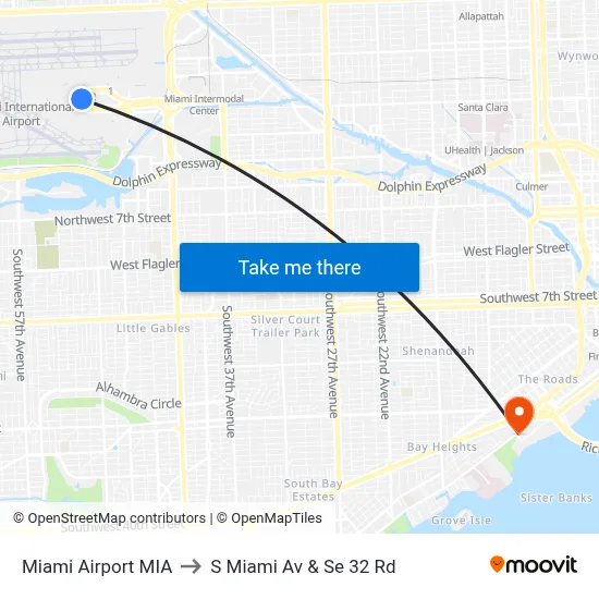 Miami Airport MIA to S Miami Av & Se 32 Rd map