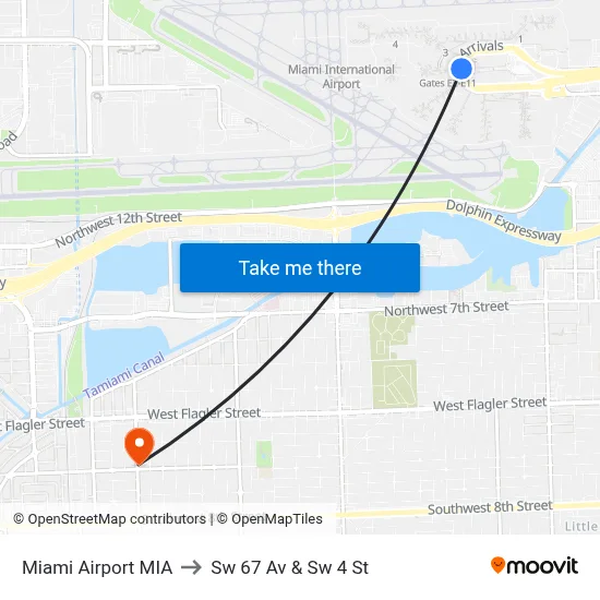 Miami Airport MIA to Sw 67 Av & Sw 4 St map