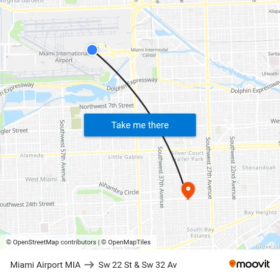 Miami Airport MIA to Sw 22 St & Sw 32 Av map