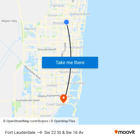 Fort Lauderdale to Sw 22 St & Sw 16 Av map