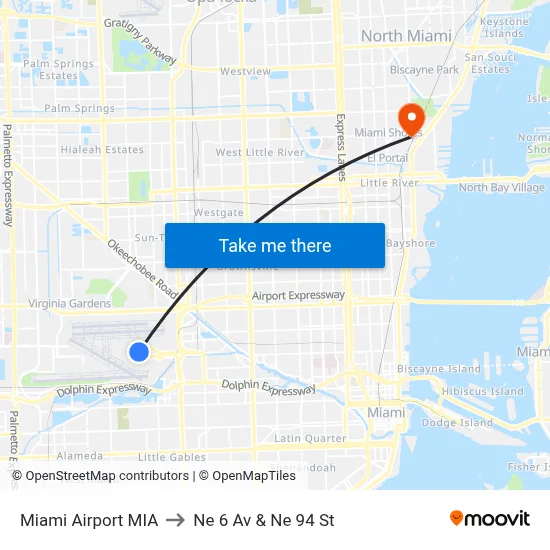 Miami Airport MIA to Ne 6 Av & Ne 94 St map