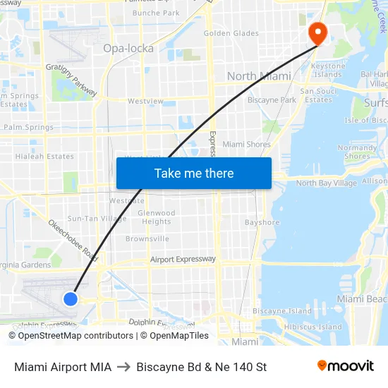 Miami Airport MIA to Biscayne Bd & Ne 140 St map