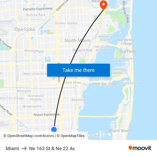 Miami to Ne 163 St & Ne 22 Av map