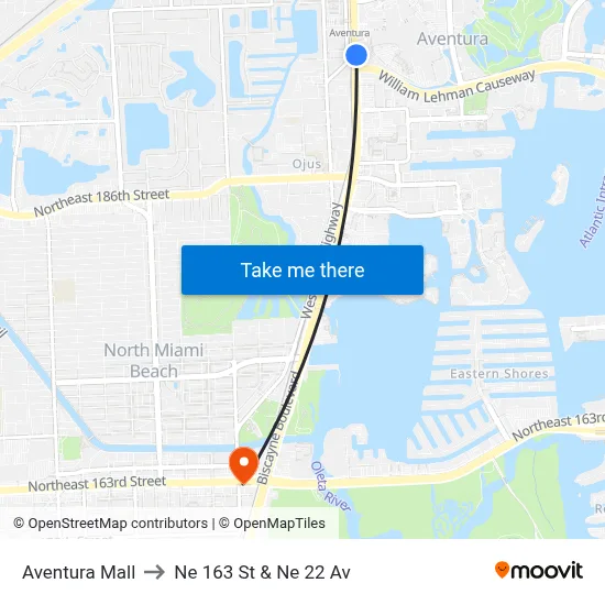 Aventura Mall to Ne 163 St & Ne 22 Av map
