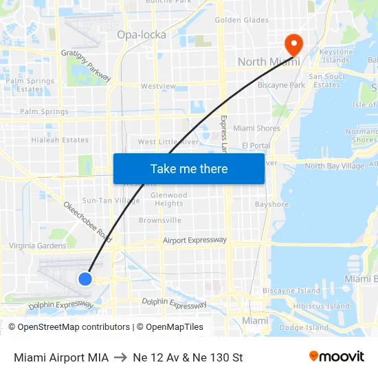 Miami Airport MIA to Ne 12 Av & Ne 130 St map