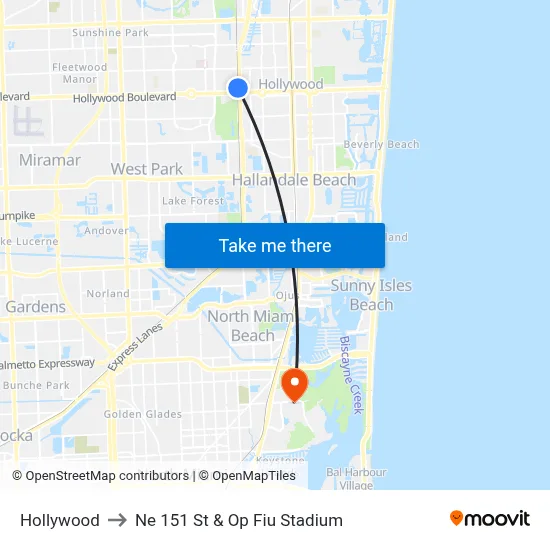 Hollywood to Ne 151 St & Op Fiu Stadium map