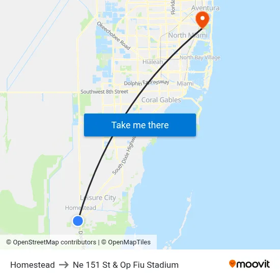 Homestead to Ne 151 St & Op Fiu Stadium map
