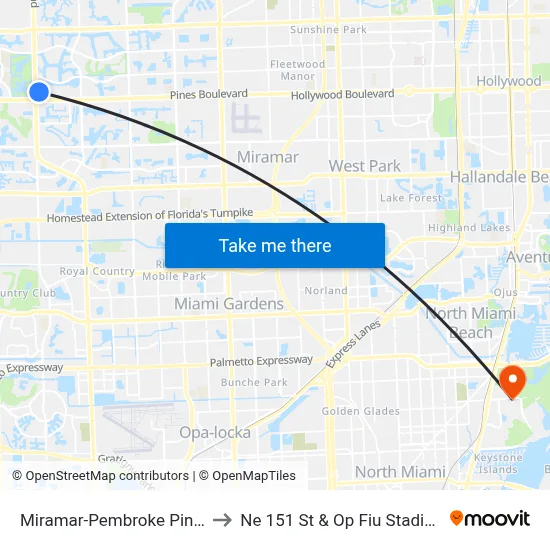 Miramar-Pembroke Pines to Ne 151 St & Op Fiu Stadium map