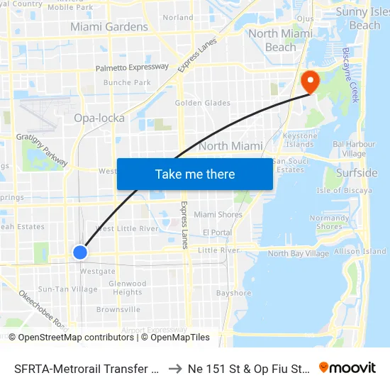 SFRTA-Metrorail Transfer Station to Ne 151 St & Op Fiu Stadium map