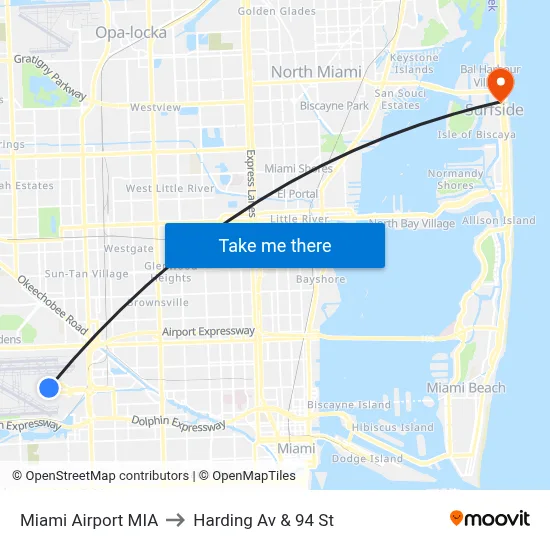 Miami Airport MIA to Harding Av & 94 St map