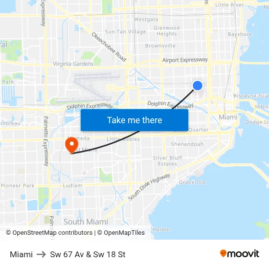 Miami to Sw 67 Av & Sw 18 St map