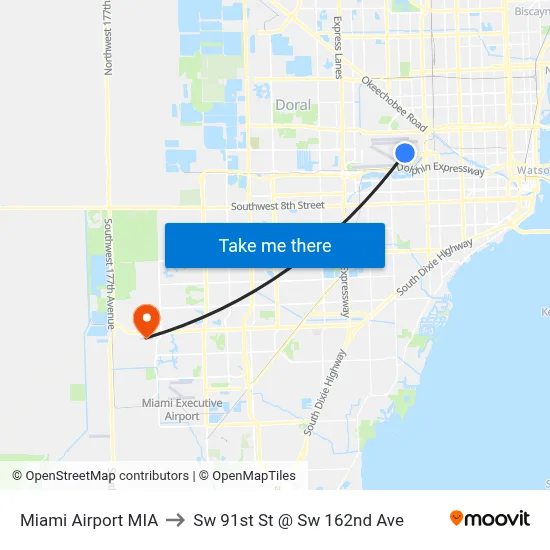 Miami Airport MIA to Sw 91st St @ Sw 162nd Ave map