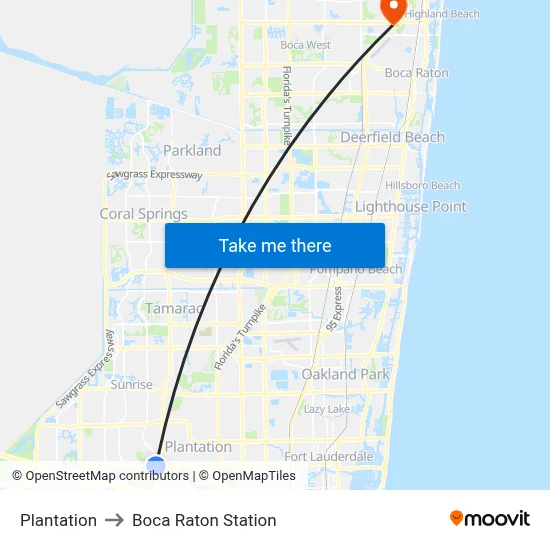 Plantation to Boca Raton Station map