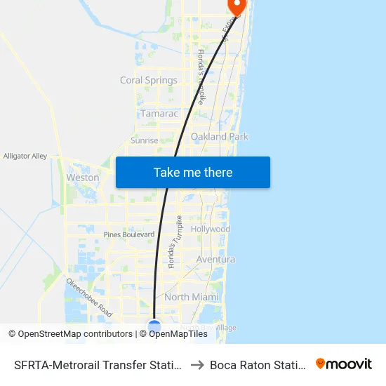 SFRTA-Metrorail Transfer Station to Boca Raton Station map