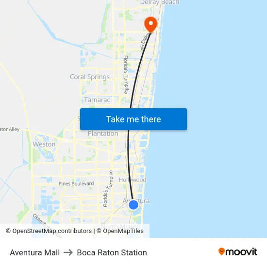 Aventura Mall to Boca Raton Station map