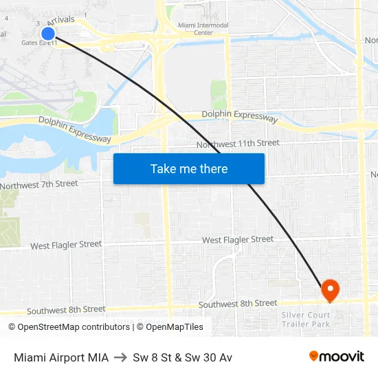 Miami Airport MIA to Sw 8 St & Sw 30 Av map