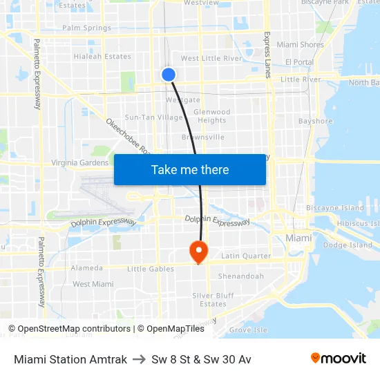 Miami Station Amtrak to Sw 8 St & Sw 30 Av map