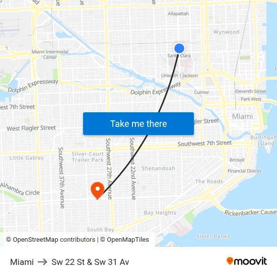 Miami to Sw 22 St & Sw 31 Av map