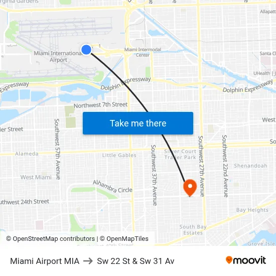 Miami Airport MIA to Sw 22 St & Sw 31 Av map