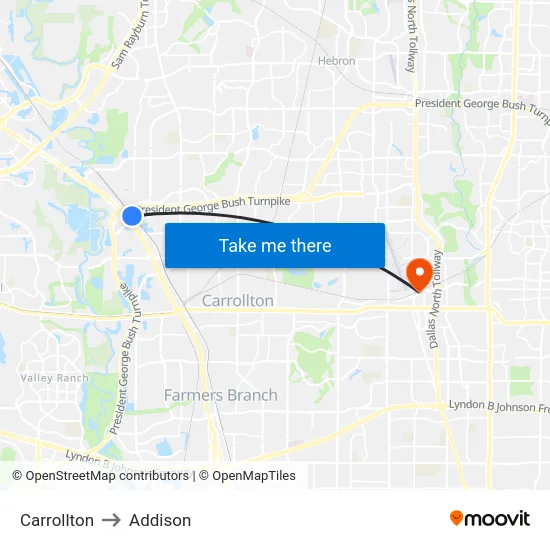 Carrollton to Addison map