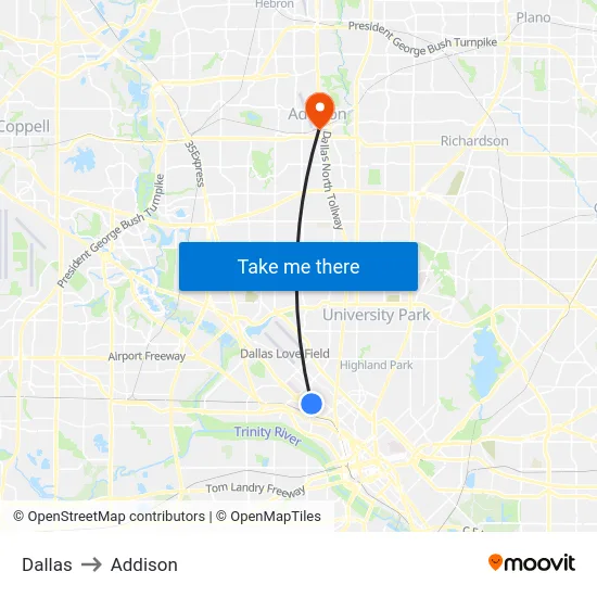 Dallas to Addison map