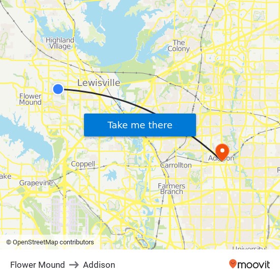 Flower Mound to Addison map