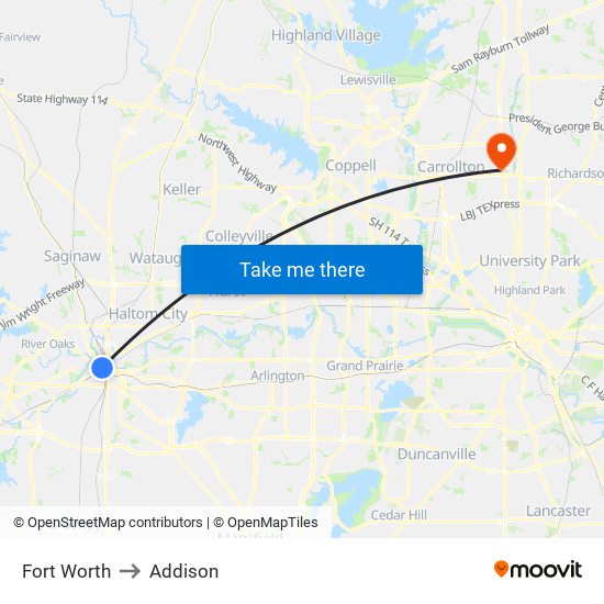 Fort Worth to Addison map