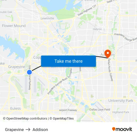Grapevine to Addison map