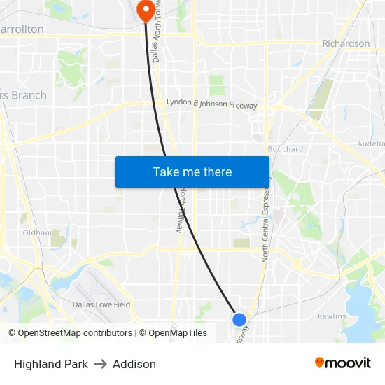 Highland Park to Addison map