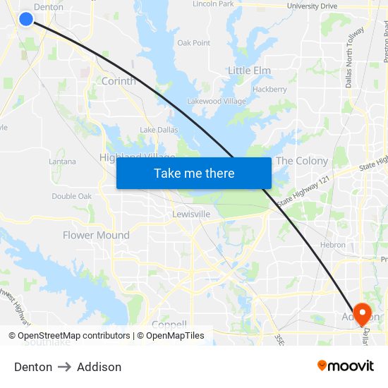 Denton to Addison map