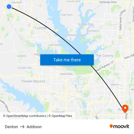 Denton to Addison map