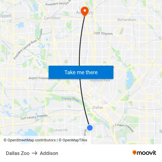 Dallas Zoo to Addison map