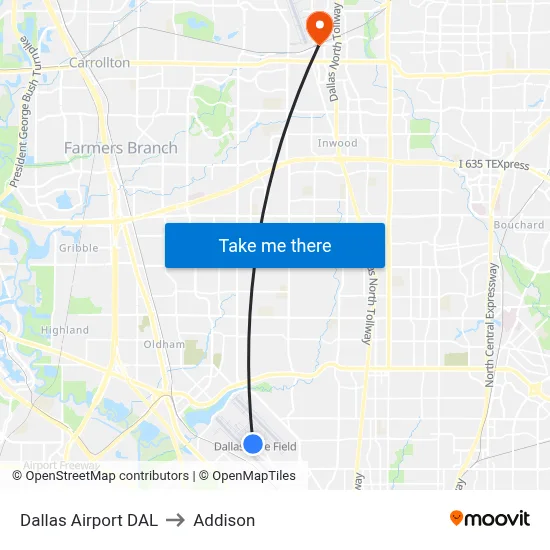 Dallas Airport DAL to Addison map