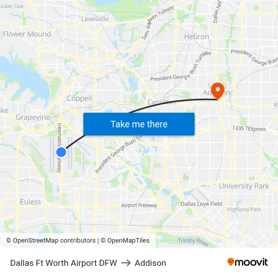 Dallas Ft Worth Airport DFW to Addison map