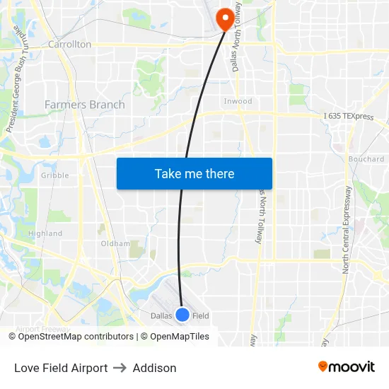 Love Field Airport to Addison map