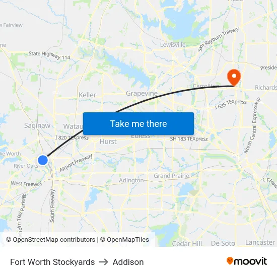 Fort Worth Stockyards to Addison map