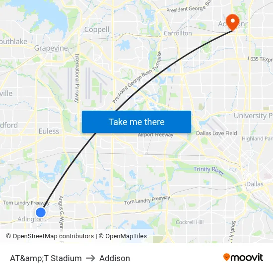 AT&amp;T Stadium to Addison map