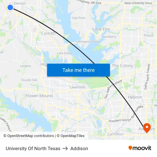 University Of North Texas to Addison map