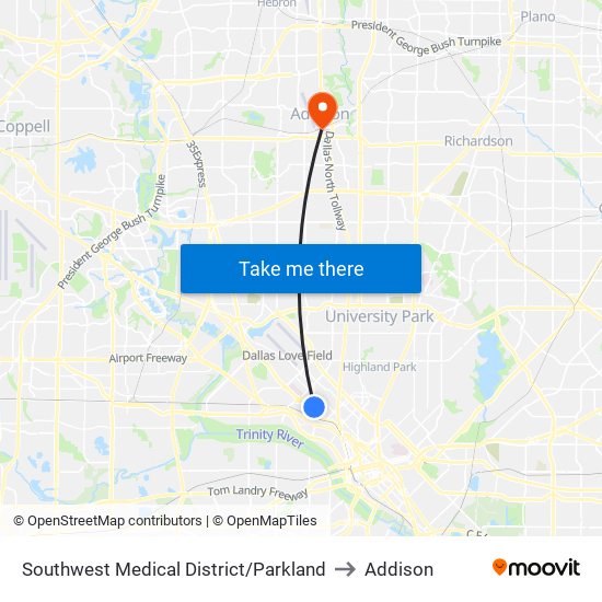 Southwest Medical District/Parkland to Addison map