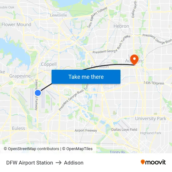 DFW Airport Station to Addison map