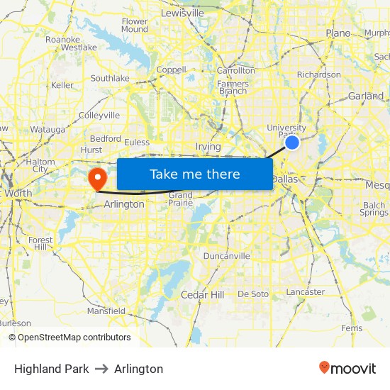 Highland Park to Arlington map