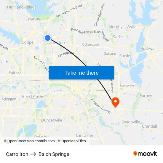 Carrollton to Balch Springs map