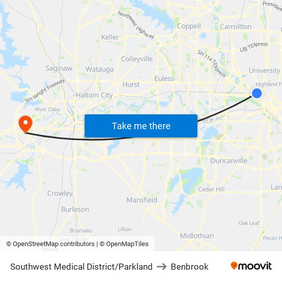 Southwest Medical District/Parkland to Benbrook map