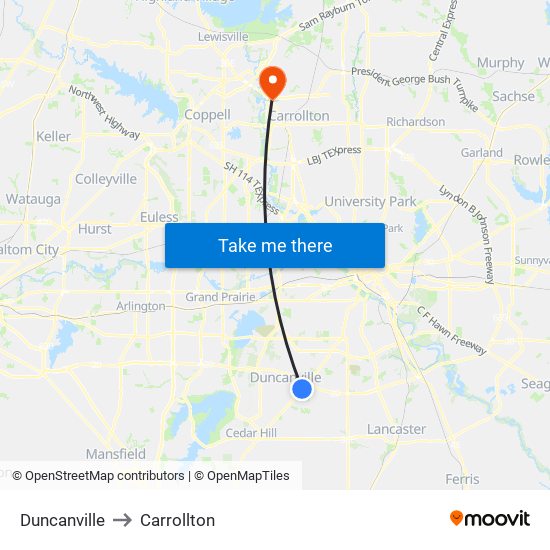 Duncanville to Carrollton map