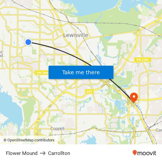 Flower Mound to Carrollton map