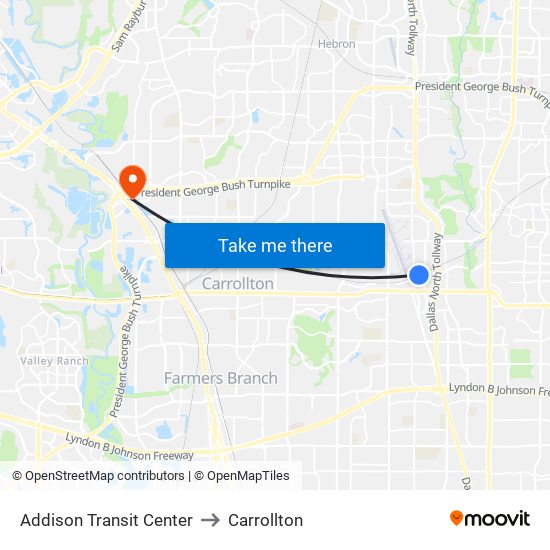 Addison Transit Center to Carrollton map