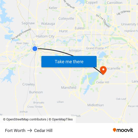 Fort Worth to Cedar Hill map