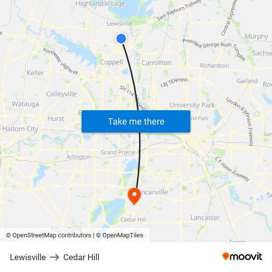 Lewisville to Cedar Hill map