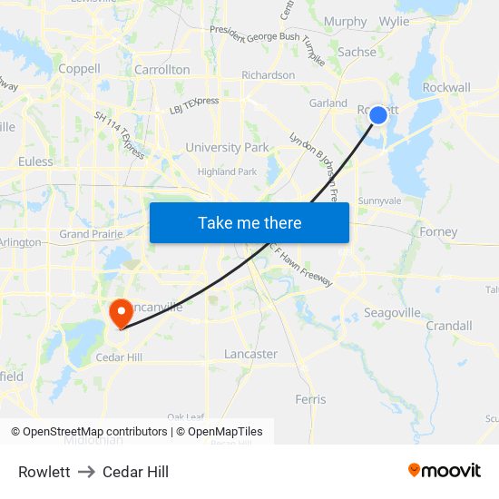 Rowlett to Cedar Hill map