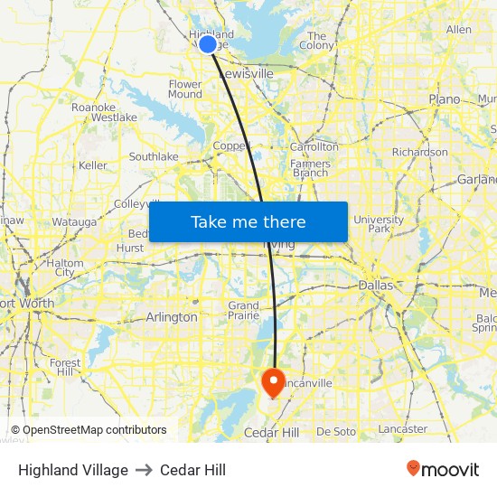 Highland Village to Cedar Hill map
